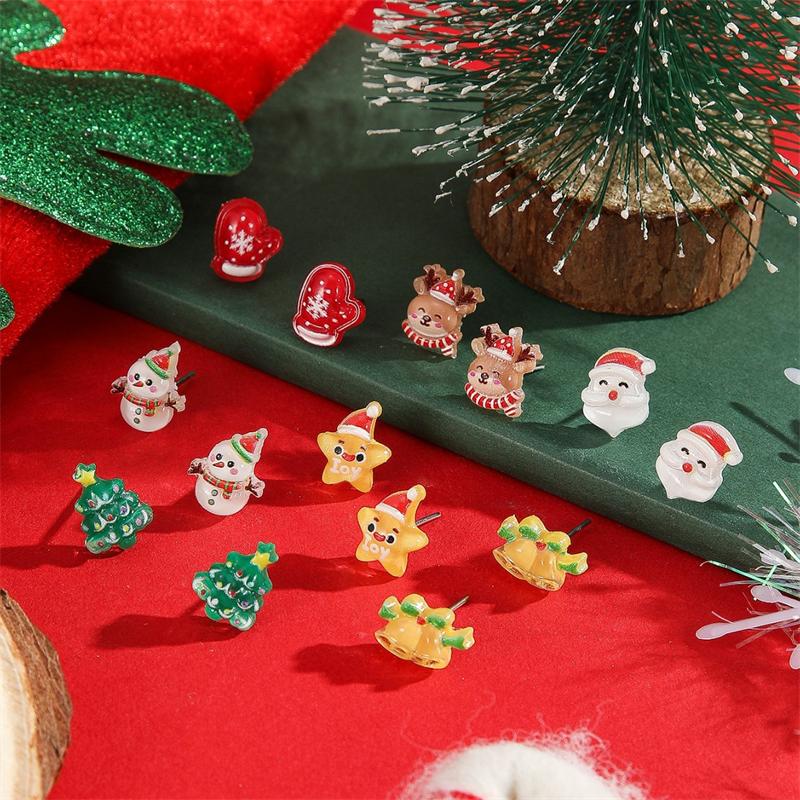 6-12 Pair Christmas Earrings For Women Xmas Tree Elk Snowman Santa Claus Snowflake Stud Earring Set New Year Party Jewelry Gift