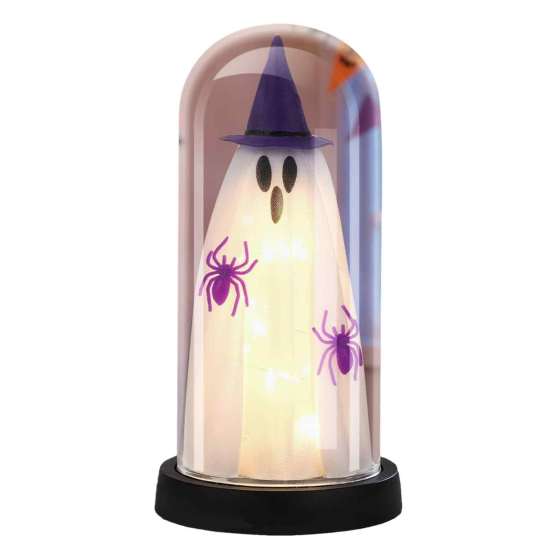 Halloween Ghost Decoration Indoor Light Up in Dome Cloche, Cute Witch Decorative Window Table Lamp with LED for Home Kitchen Mantel Tabletop