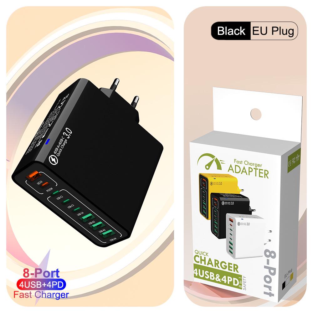 Fast 8-Port Charger: 4 USB, 4 PD, 55W, QC3.0 – Compatible with European, American, Korean Standards