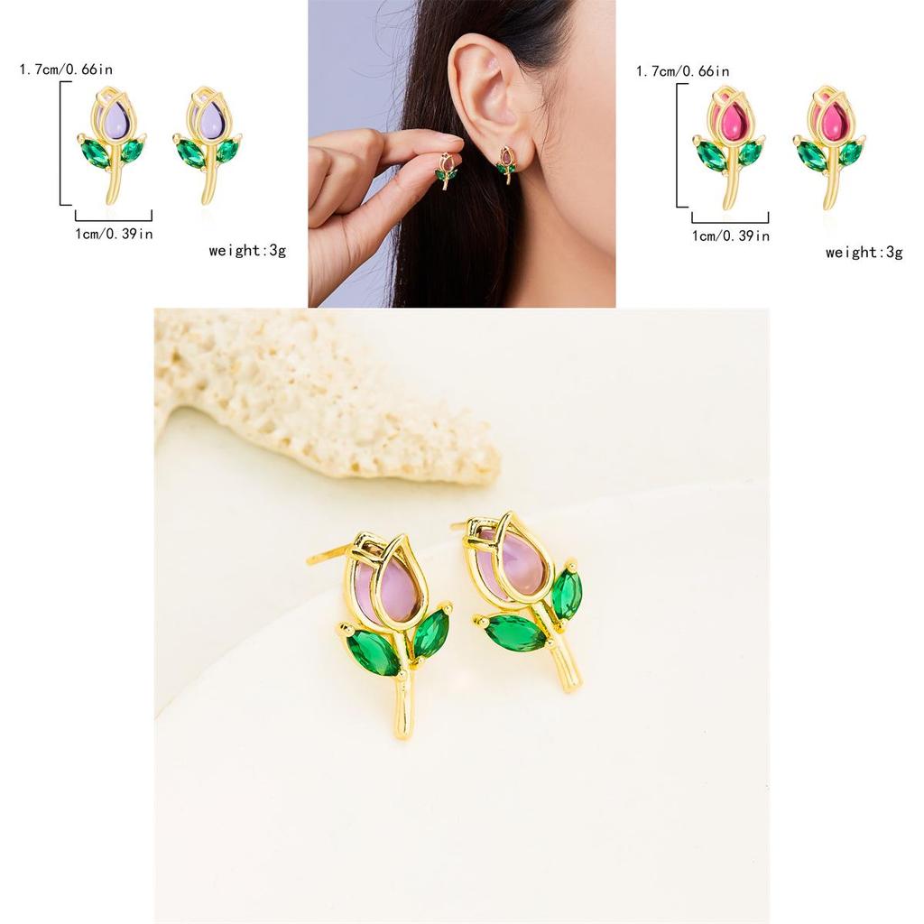 Romantic Tulip Flower Stud Earrings For Women Copper Glass Spring Jewelry