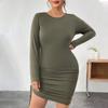 Women's Long Sleeve Round Neck Green Hip Wrap Dress Temperament Fashion Sexy Party Dress Plus Size Slim High Waist Dress Pull Rope Side Fold Design