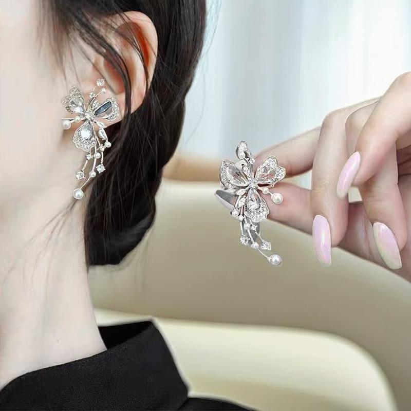 Flower Pearl Rhinestone Korean Earrings - 925 Silver Studs, Women's Fresh & Sweet Fashion Jewelry