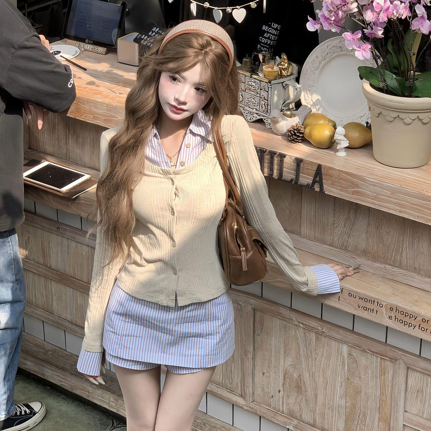 2025 Women s Sweet & Spicy Style Fake Two-Piece Long-Sleeve Shirt & Skirt Autumn/Winter Set XL