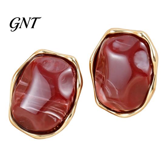Fashion Statement Earrings for Women 1 Pair Natural Healing Stone Stud Women, Gold Versatile Casual Dress Plated Oval Resin Earrings, Faux Crystal