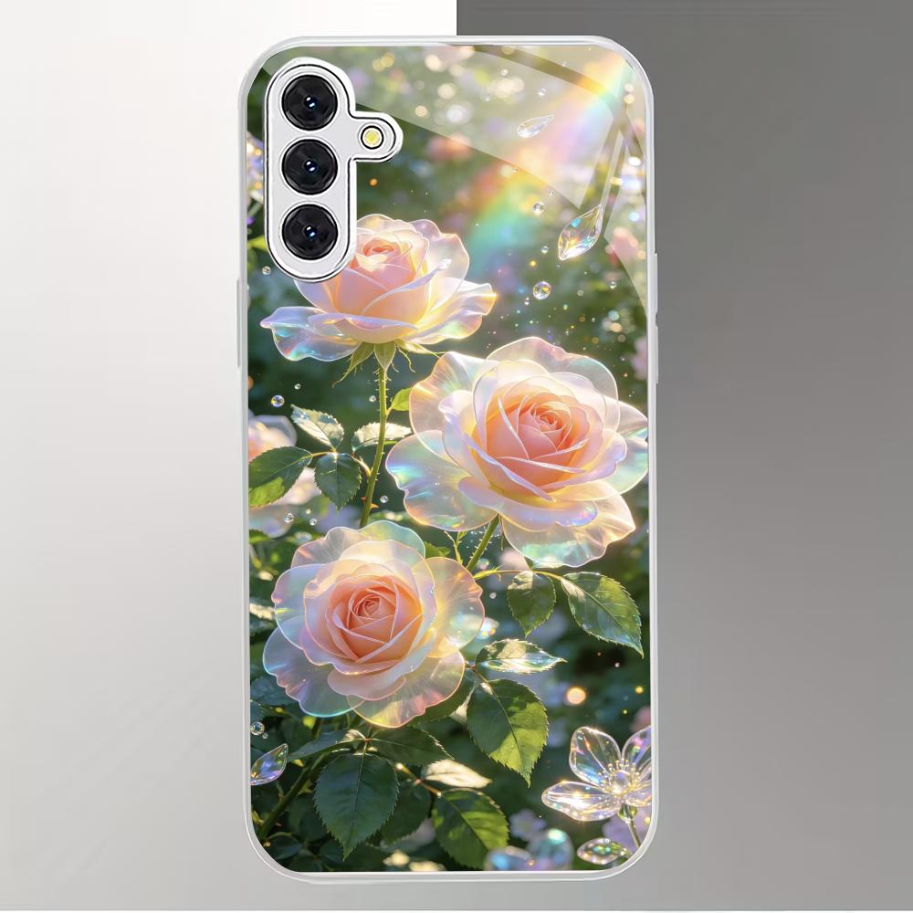 Beautiful flower plated glass phone case suitable for Samsung Galaxy S26 S25 S24 S23 S22 S20 FE/Ultra/Plus anti drop back cover