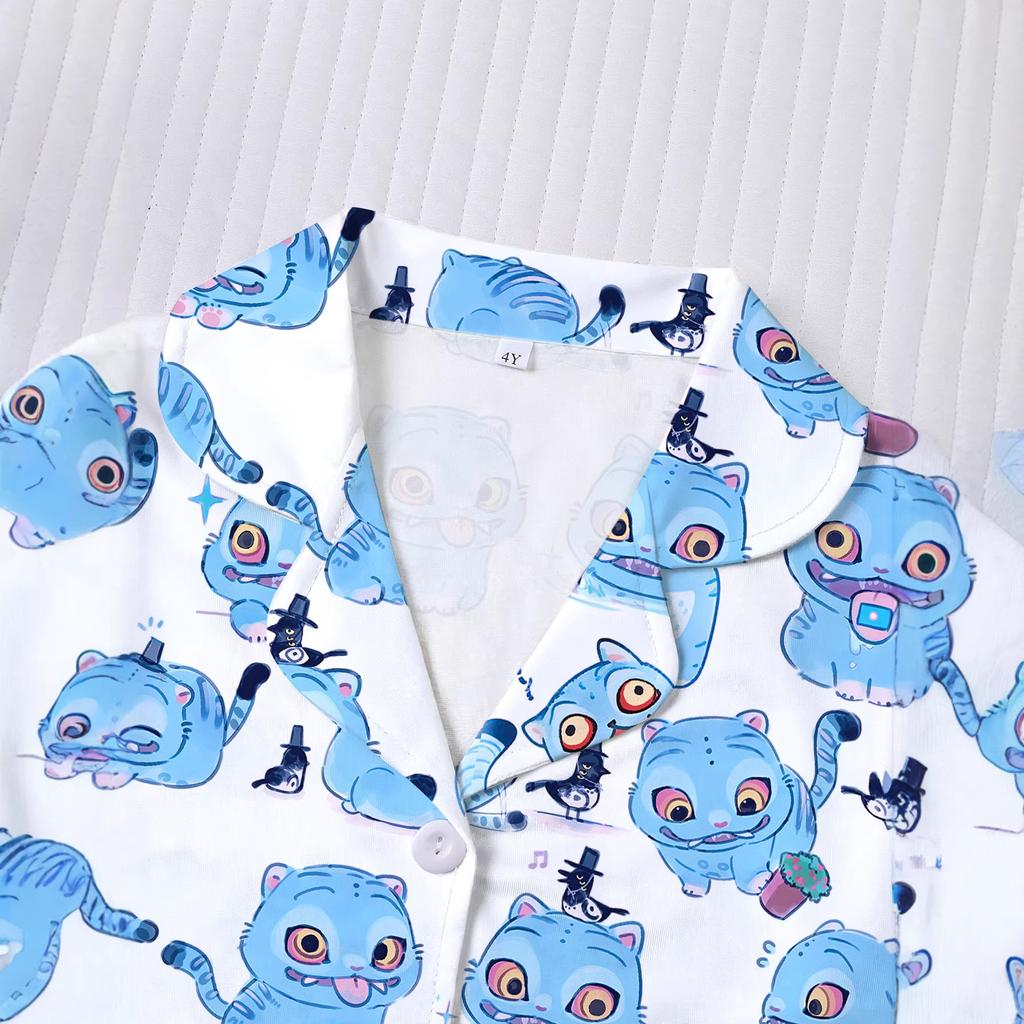 New Four Seasons Middle Children's Girls Pajamas Set Short Sleeve Shorts Cardigan Printed Kids Pajamas