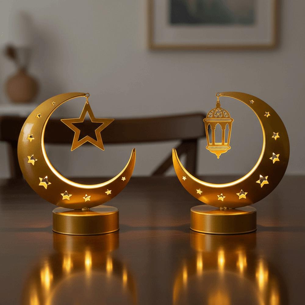 Metal Art Design Ramadan Desk Lamp Wrought Iron Hollow Crescent Star Shape LED Moon Light Soft Light Golden Moon Design