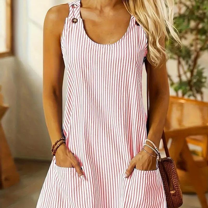 European and American coats new round neck pockets striped straps button casual dress