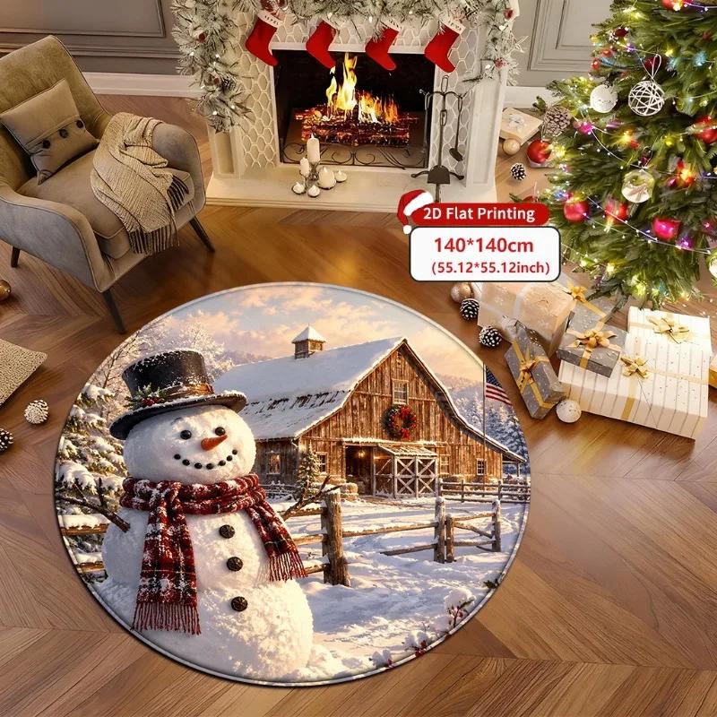 Soft Circle Rug 2D Flat Printing Buffalo Plaid Reindeer Carpet Flannel Warm Fluffy Cozy Christmas Tree Room Decor