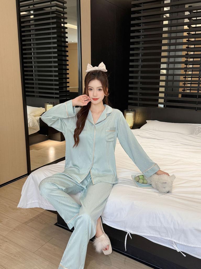 Pajamas Women's Spring and Autumn Ice Silk Long Sleeve Love Jacquard Homewear Summer Thin Air Conditioning Clothing Set Autumn 1101