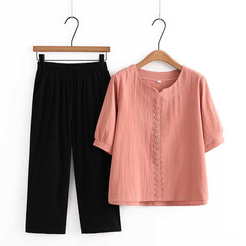 

Middle-aged Women s Summer Two-Piece Set: Short Sleeve T-shirt and Casual Pants, Pure Cotton Blend, Lightweight and Stylish. 5XL [150-165 lbs]