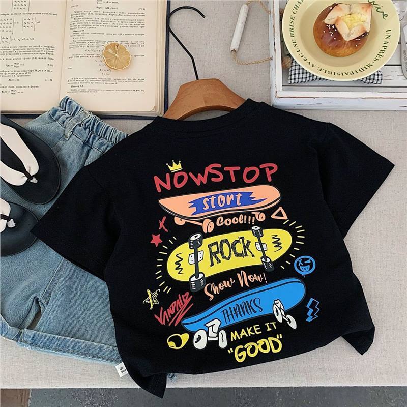 Skateboard Pattern Design Children's Tops Summer Boys Girls Short Sleeve T-shirts Cotton Korean Kids Clothes