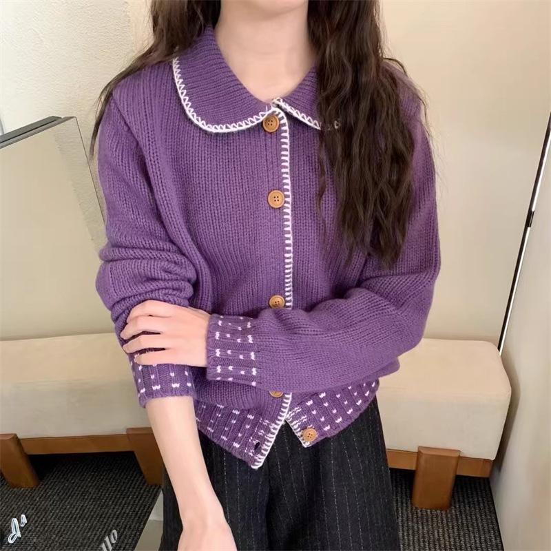 Women's Korean Sweet Style Color Block Cardigan - Turn-Down Collar, Slimming, Single-Breasted Knitted Sweater for Spring/Autumn