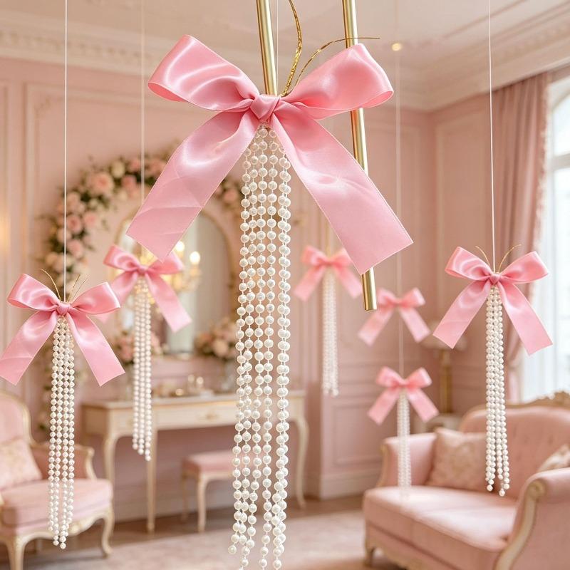 5PC Pearl Flocking Bow Christmas Tree Ornaments Xmas Tree Decor Hanging Pendants Window Wall Decor Home Party 2027New Year Gift