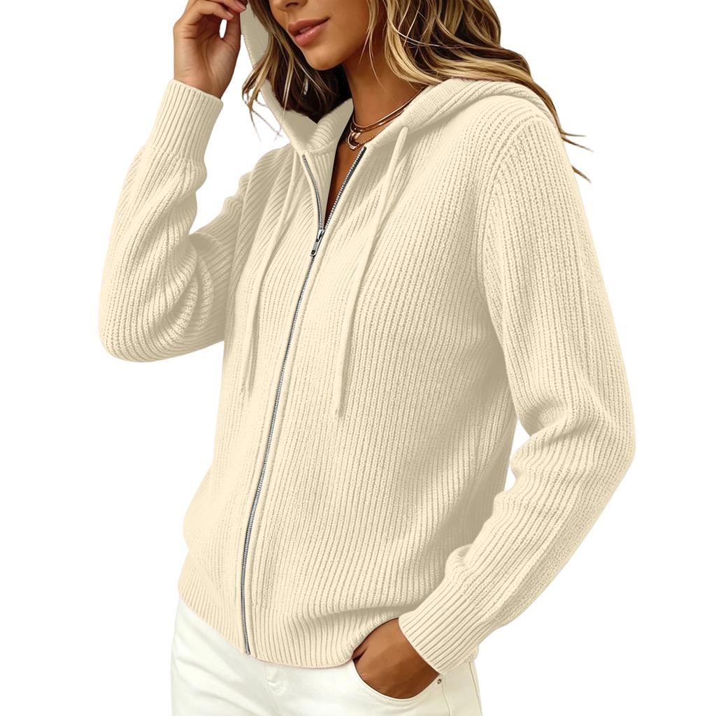 Damen Kapuzen Reißverschluss Strickjacke mit Kordelzug Farbe Leicht für Lässige Tägliche Kleidung