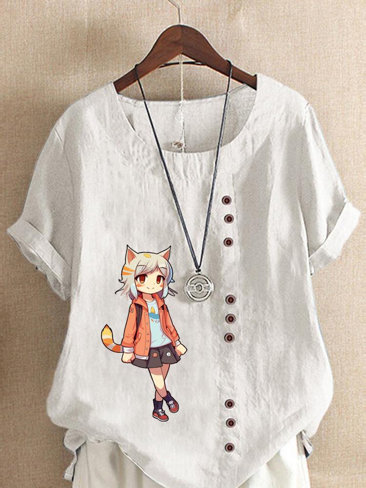 Women's Fashion Cute Girl Print Shot Sleeve T-shirt Loose Cotton Shirt Casual Loose Summer Blouse Tops Plus Size