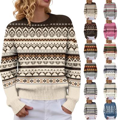 Women's Printed Sweater Long Sleeve Neck Soft Knit Pullover for Fall Winter