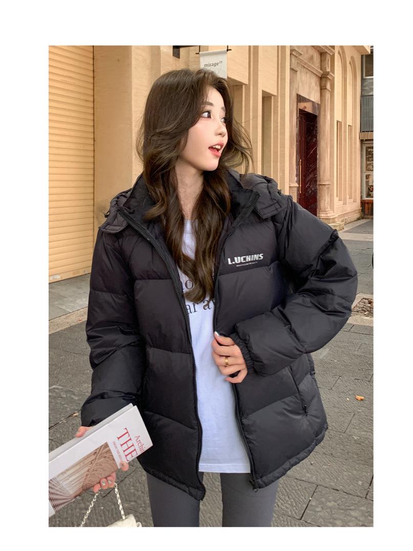 

2025 Новая зимняя пуховая куртка с капюшоном - Толстая, теплая и свободного кроя для мужчин и женщин M (115-130jin) чёрный