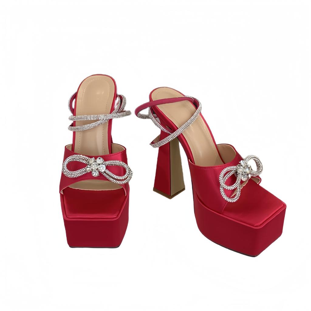 Royal sister wind thick heel runway model catwalk shoes women's super high heel waterproof table bow rhinestone sandals 15cm