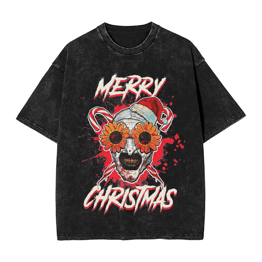 Art The Clown Terrifier Christmas T Shirt Washed Cotton T-Shirts Vintage for Men Women Streetwear Graphic Printed Tee Shirt