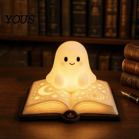 Lâmpada de Mesa Figurine Fantasma Livro Mágico Luz Noturna, Resina de Mesa Brilho Quente com Lua Luz Fofa Estrela em Relevo, Mesinha de Cabeceira para Dormir para Crianças