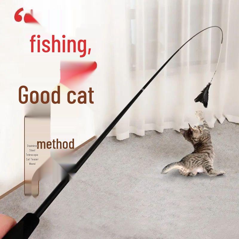 Retractable Cat Teaser Wand with Feather Head, 1.8m Long, Bite-Resistant Kitten Toy