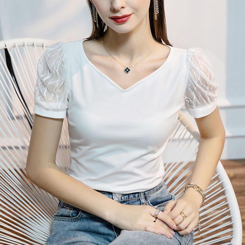 Korean Simplicity Fashion Summer Puff Sleep T-Shirts Women Solid V-neck Patchwork Gauze Temperature Loose Short Sleeve Thin Tops