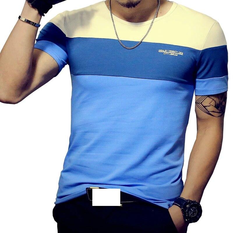Летняя мужская футболка, модные лоскутные футболки с короткими рукавами, мужские хлопковые футболки с круглым вырезом 3XL синий