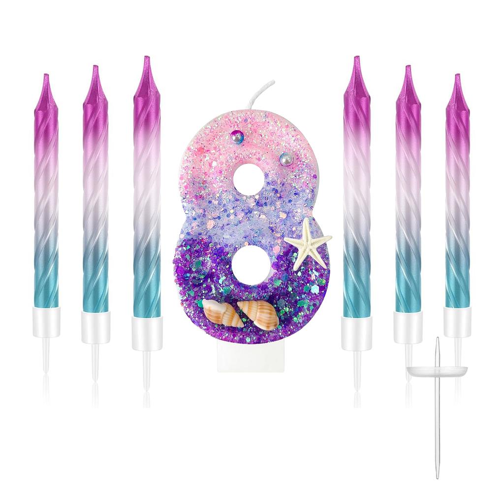 7pcs Girls Purple Mermaid Party Number 0-9 Cake Candles, 2.76 Inch Birthday Candle, Cake Topper Decoration for Birthday Party