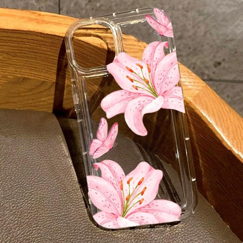 Ins Pink Lily Pattern Transparent Phone Case for iPhone 17 Air pro16 14 13 15 Pro Max 11 12 Pro Mini 7 8 Plus Shockproof Cover