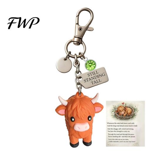 Metal Keychain A Little Highland Cow for You Keychain, 3D Resin Keyring with Birthstone Charm & Sentiment Card, Your Daily Reminder of Quiet Strength