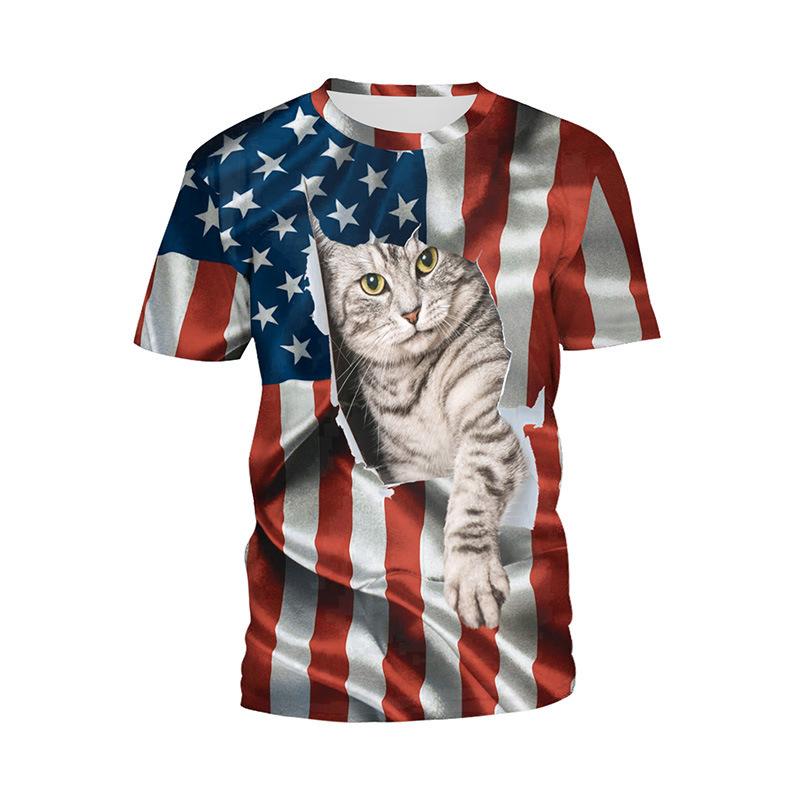 Summer Round Neck 3D American Flag and Animal Graphic Print T-shirts Fashionable Casual Short Sleeved Men's T-shirts
