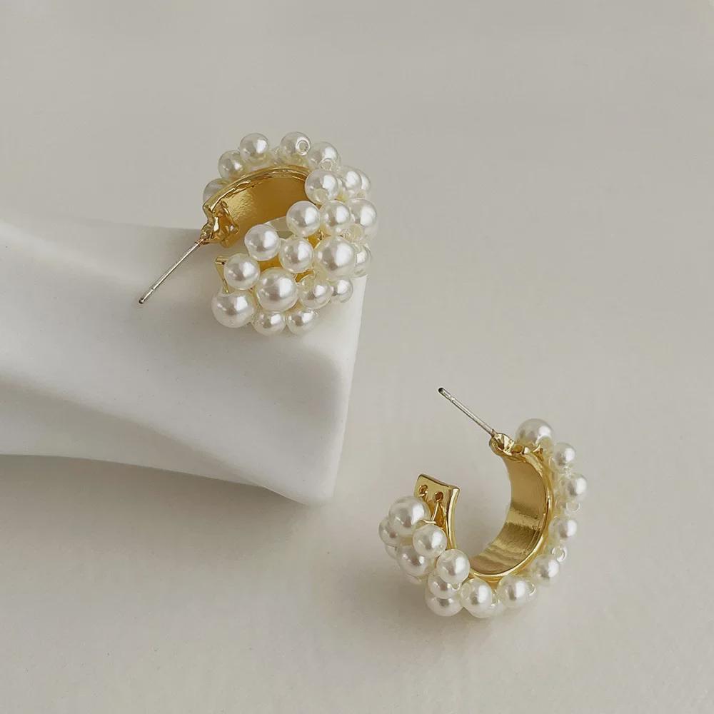 Dongdaemun C-Shaped Pearl Earrings, S925 Silver Needle, Retro Simple Design
