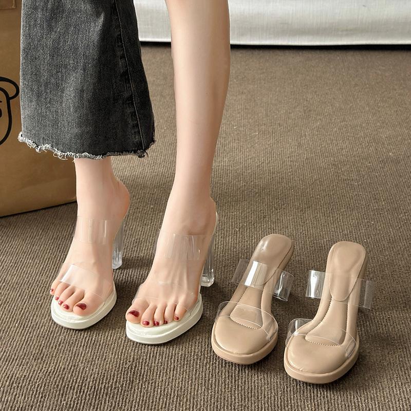 Stepping On Shit Feeling Thick-soled Waterproof Table Transparent Word with High-heeled Sandals Women Wear Crystal Heel Thick-heeled Cool Slippers In
