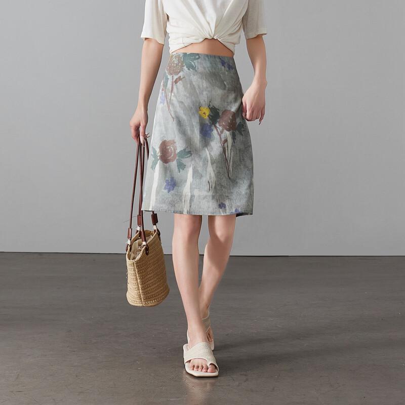 SOFSIL 2026 Summer Women s Linen Blend Printed A-Line Skirt L