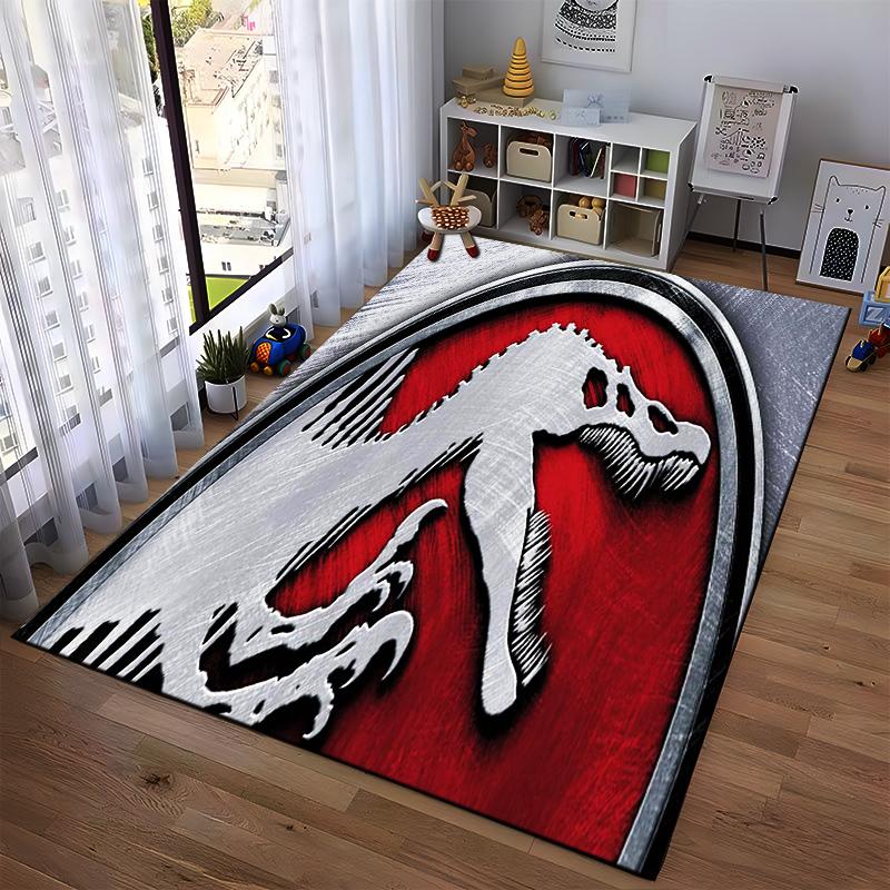 Red and Silver Dinosaur Skeleton Logo Pattern Carpet with Metallic Textured Design" Suitable for use as an anti-slip1 for1room and bedroom sofas