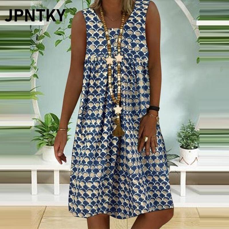 JPNTKY Moda Estiva Primavera Colore Unico Stampa Senza Maniche Girocollo Abiti Casual
