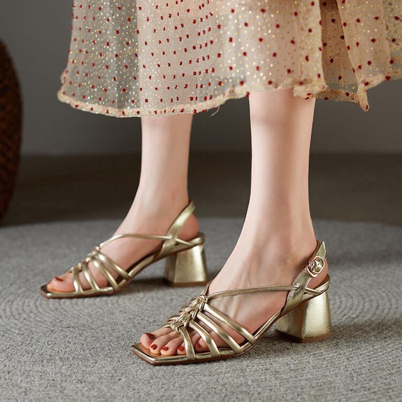Fashion Summer Women Sandals Concise Square Toe Chunky Heel Women Shoes High Heel Genuine Leather Shoes Golden Weave Sandals for Women