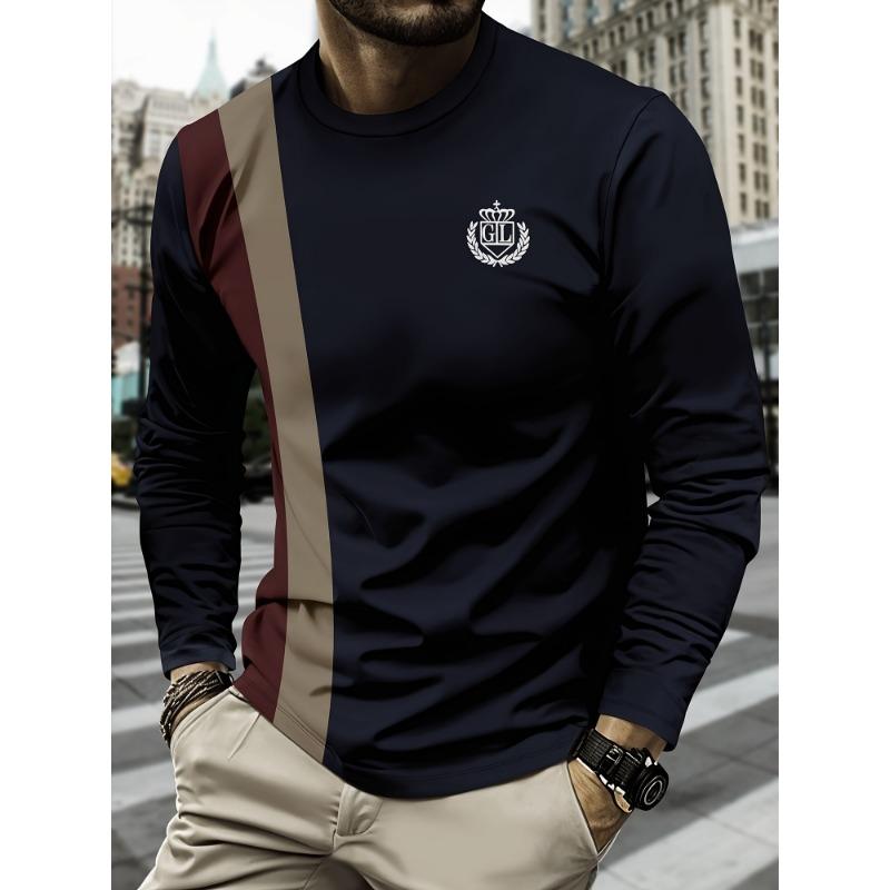 Men's Casual Striped Printed T-shirt 3D Printed Breathable Quick-drying Round-neck Long-sleeve T-shirt, Simple Style Workwear