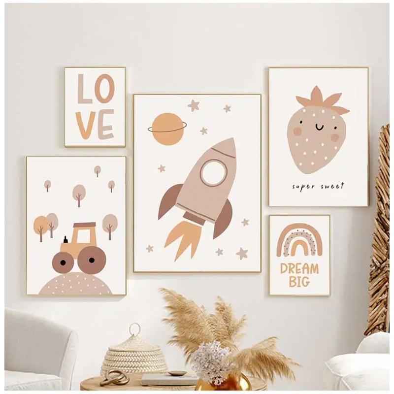 Space Rocket Rainbow Sun Car Strawberry Boho Posters Prints Canvas Painting Nordic Baby Wall Art Pictures Kids Room Decor