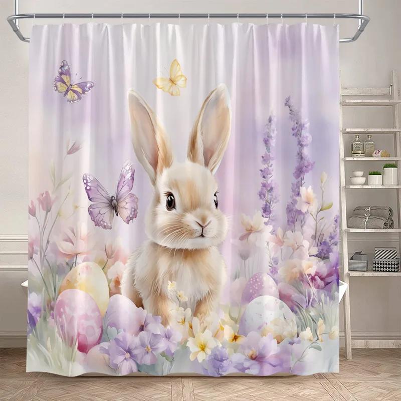 Funny Easter Shower Curtains Cute Cat Rabbit Eggs Butterfly Tulip Flowers Rustic Fabric Home Bathroom Curtain Decor With Hooks