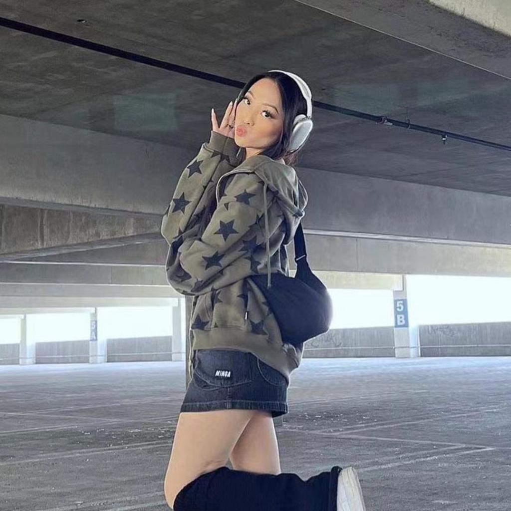 2KWEIRD Y2k Vintage Gothic Damen Hoodie Mode Sterne Print Reißverschluss Herbst Winter Hip Hop Langarm Jacke Mantel Locker Kapuzenpullover