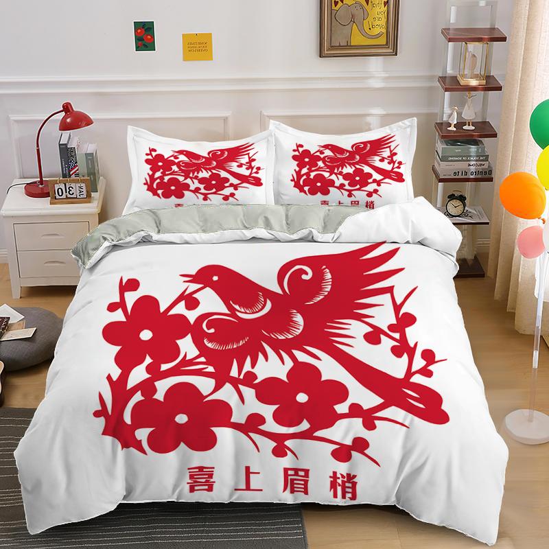 Chinese Culture Style King Queen Duvet Cover Festive Red Bird Dog Bedding Set New Year Comforter Cover Polyester Quilt Cover