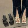 Black one-word sandals 2025 new summer high heels French women's shoes thin heel square head sandals tide