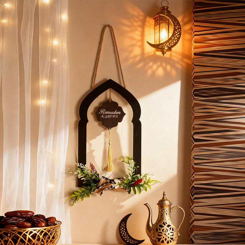 Ramadan Wooden Wall Hanging Decor Islamic Arch Design with Floral Tassel Festive Home Wall Decoration for Ramadan Eid Gift