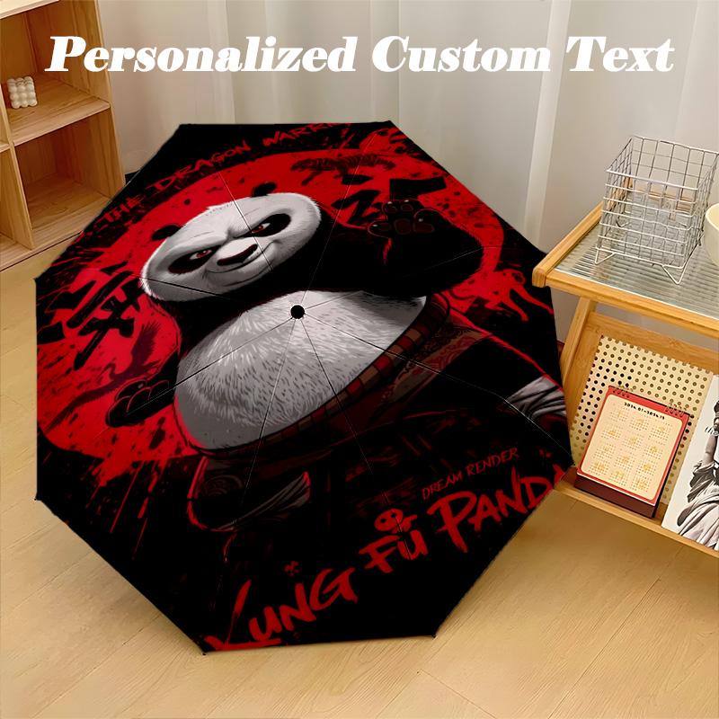 Windproof Folding Umbrella, 8‑Rib Auto Open Close Kung Fu Panda Umbrella for Rain Sun Protection