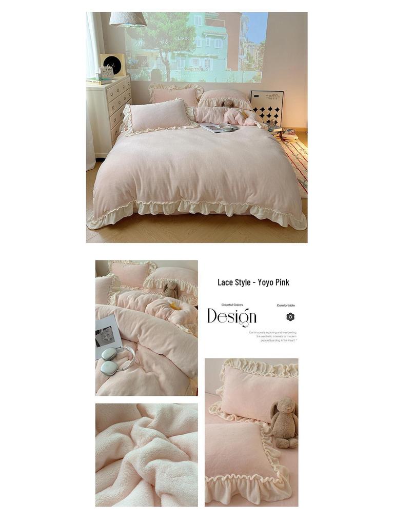 Elegant Princess-Style Velvet & Lace Winter Bedding Set – Duvet Cover & Flannel Sheet  