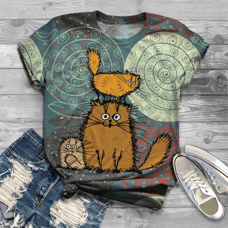 Summer New Women's Cartoon 3D Animal Digital Printed Short Sleeved T-shirt