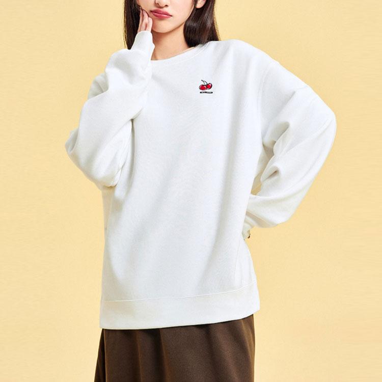 Anta X Kirsh Sports Lifestyle Series Solid Color Round Neck Pullover Fleece Sweatshirt Women sweatshirt Snow-White 962348722-1