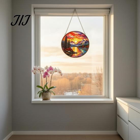 Window Light Refracting Art Stained Glass Style Suncatcher, Mountain Sunset Landscape Hanging Ornament, Colorful Artistic Sunlight Reflector